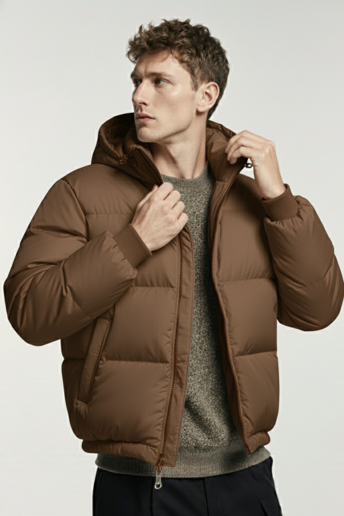 Kurtka Puchowa z Kapturem i Pikowanym Wzorem | Piotr – Brązowa