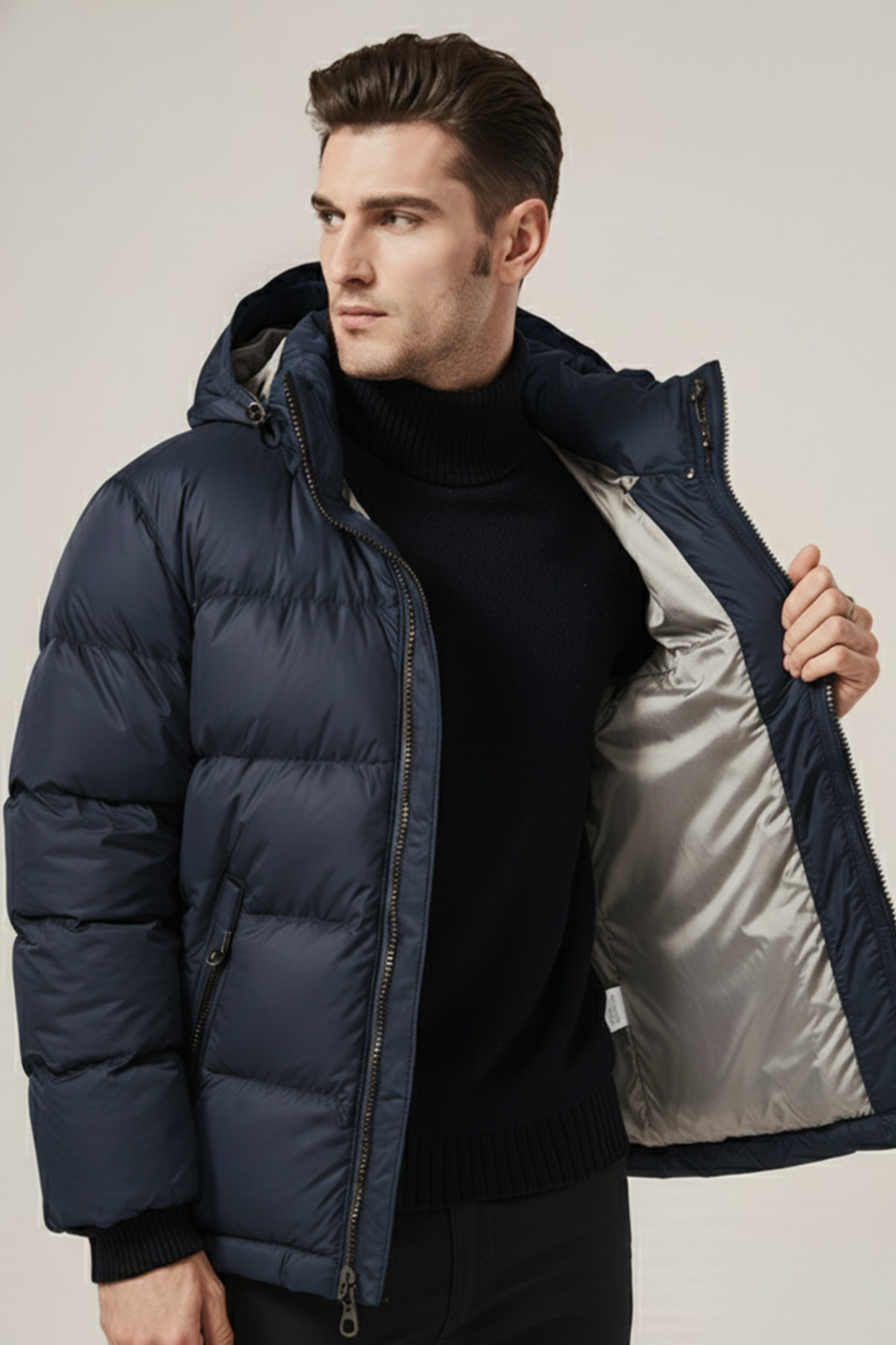 Kurtka Puchowa z Kapturem i Pikowanym Wzorem | Andrzej – Granatowa