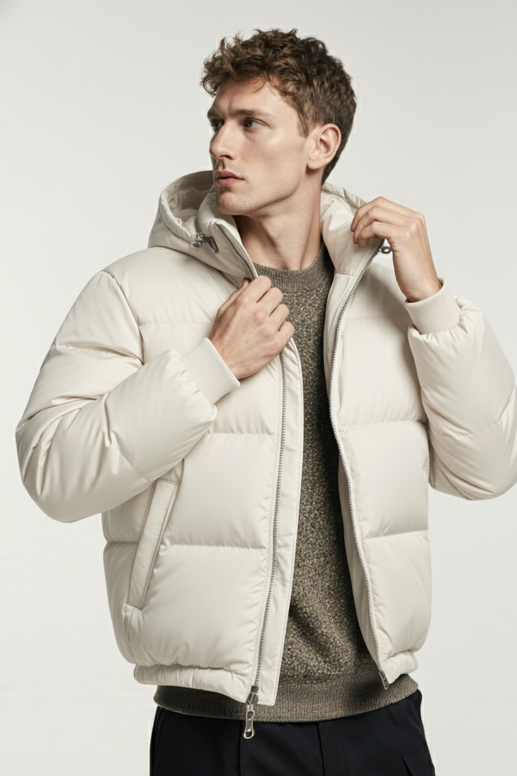 Kurtka Puchowa z Kapturem i Pikowanym Wzorem | Mateusz – Kremowa