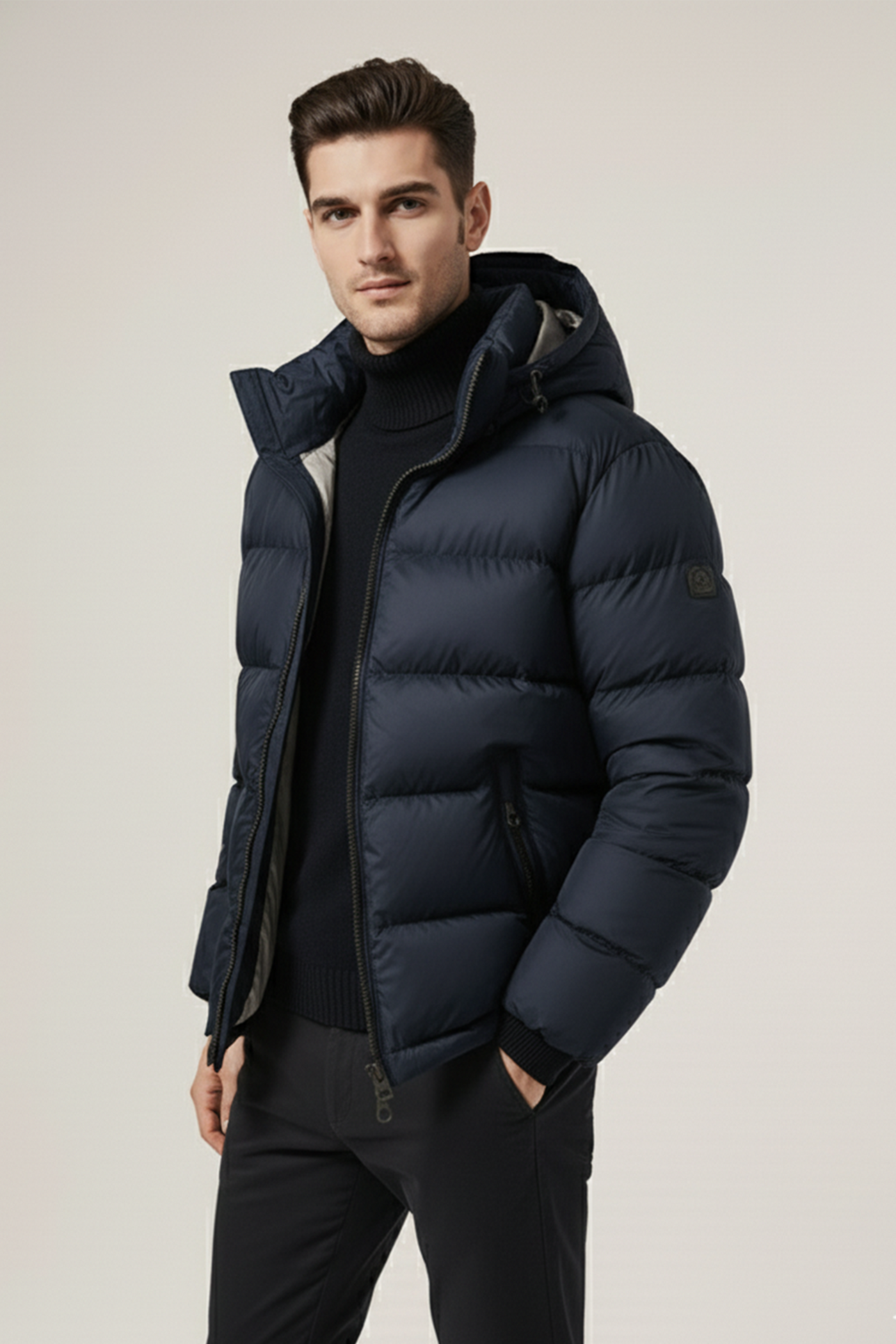 Kurtka Puchowa z Kapturem i Pikowanym Wzorem | Andrzej – Granatowa
