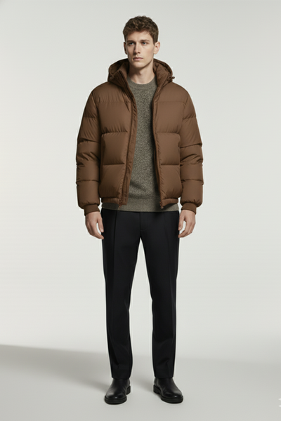 Kurtka Puchowa z Kapturem i Pikowanym Wzorem | Piotr – Brązowa