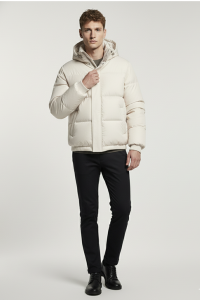 Kurtka Puchowa z Kapturem i Pikowanym Wzorem | Mateusz – Kremowa