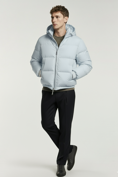 Kurtka Puchowa z Kapturem i Pikowanym Wzorem | Paweł – Jasnoniebieska