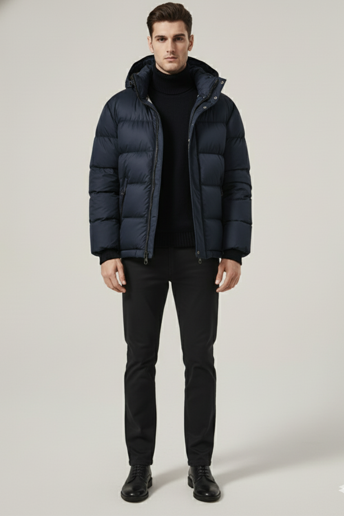 Kurtka Puchowa z Kapturem i Pikowanym Wzorem | Andrzej – Granatowa