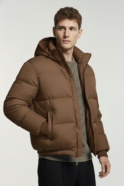Kurtka Puchowa z Kapturem i Pikowanym Wzorem | Piotr – Brązowa