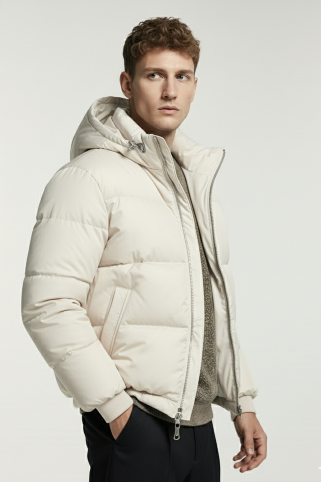 Kurtka Puchowa z Kapturem i Pikowanym Wzorem | Mateusz – Kremowa