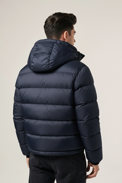 Kurtka Puchowa z Kapturem i Pikowanym Wzorem | Andrzej – Granatowa