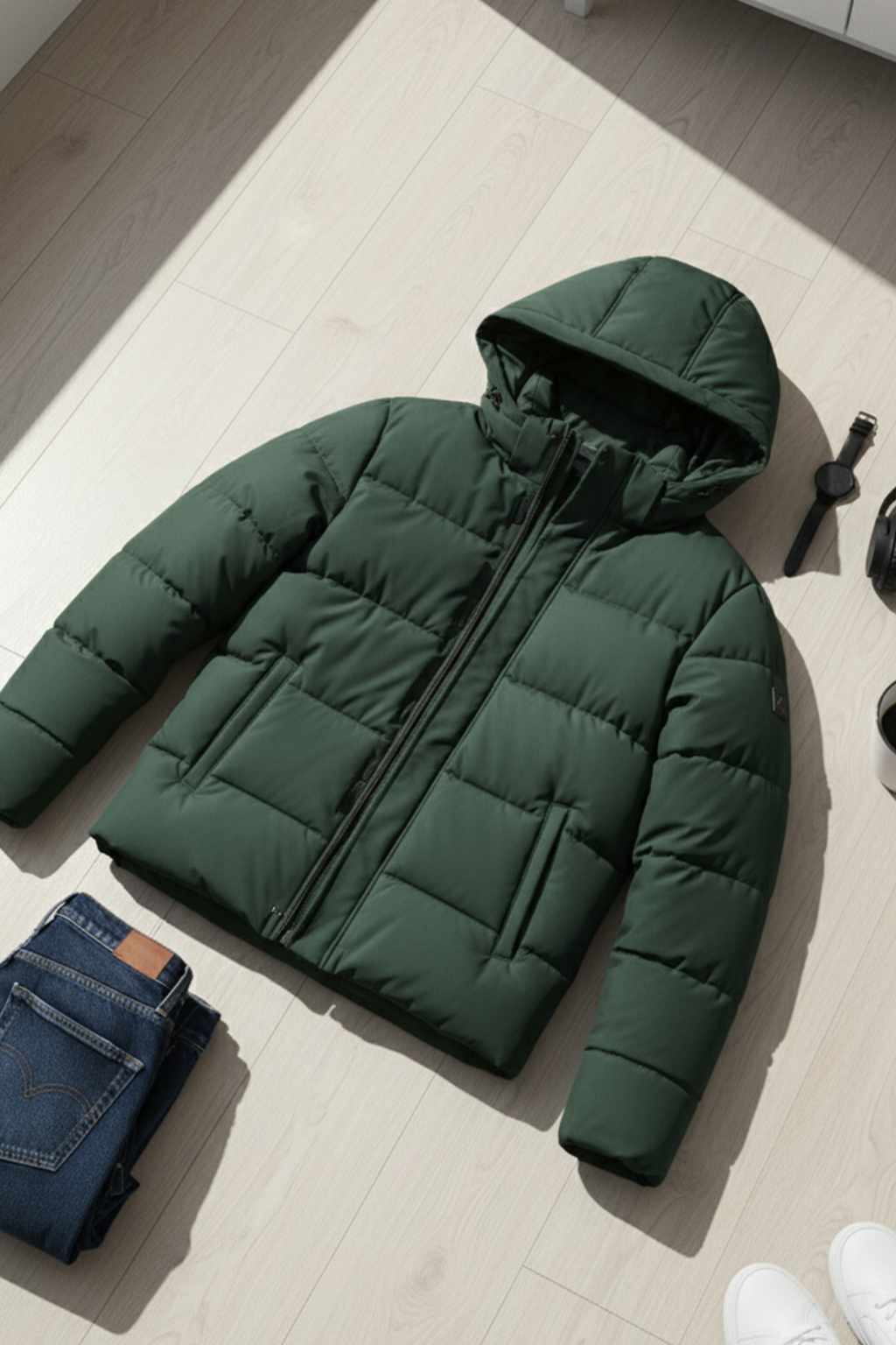 Kurtka Puchowa z Kapturem i Pikowanym Wzorem | Marcin – Zielona