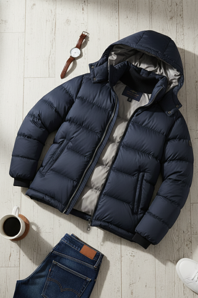 Kurtka Puchowa z Kapturem i Pikowanym Wzorem | Andrzej – Granatowa