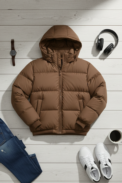 Kurtka Puchowa z Kapturem i Pikowanym Wzorem | Piotr – Brązowa