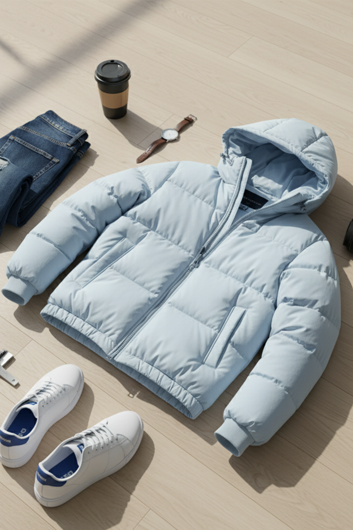 Kurtka Puchowa z Kapturem i Pikowanym Wzorem | Paweł – Jasnoniebieska