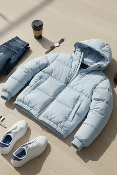 Kurtka Puchowa z Kapturem i Pikowanym Wzorem | Paweł – Jasnoniebieska