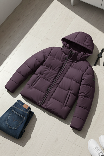 Kurtka Puchowa z Kapturem i Pikowanym Wzorem | Paweł – Fiolet Bakłażanowy