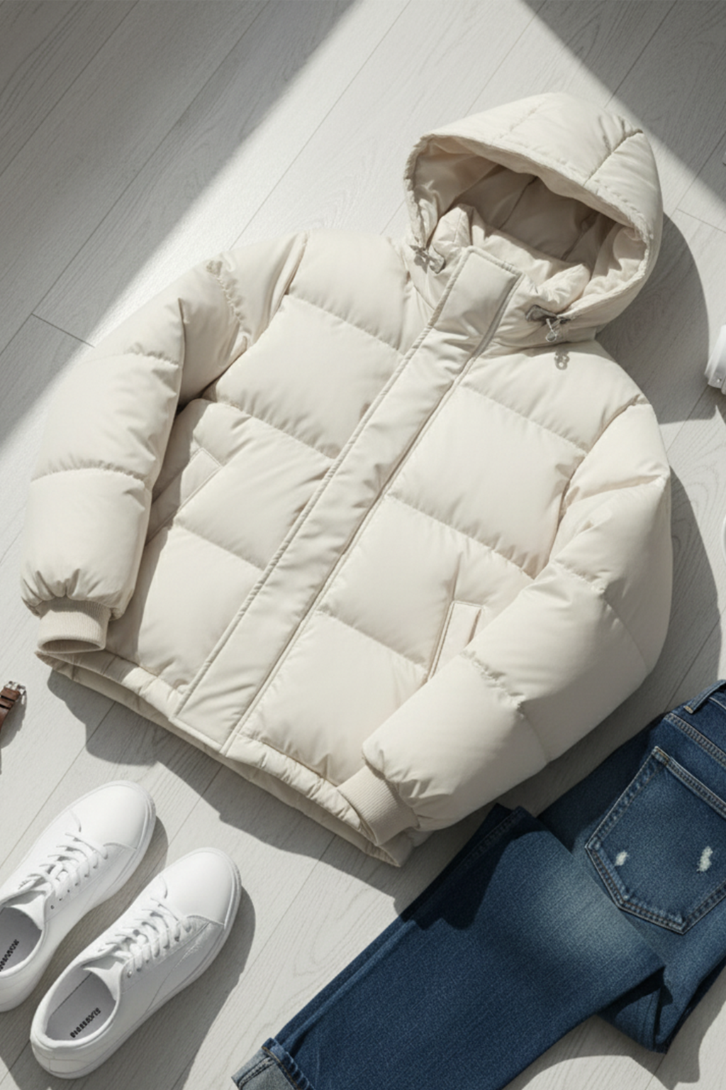 Kurtka Puchowa z Kapturem i Pikowanym Wzorem | Mateusz – Kremowa