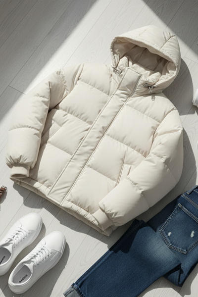 Kurtka Puchowa z Kapturem i Pikowanym Wzorem | Mateusz – Kremowa